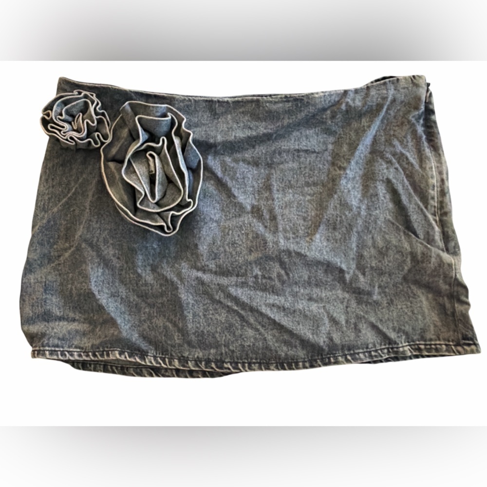 Future Collective Blue Denim Mini Skirt Denim Rosette Detail NWT